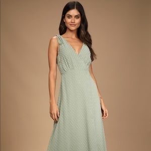 Lulus Romantic Possibilities Sage Brush Swiss Dot Maxi Dress
